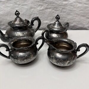 1898 Van Bergh Quadruple Plate Tea‎ Set–pattern 468 4pc Victorian Etched Floral